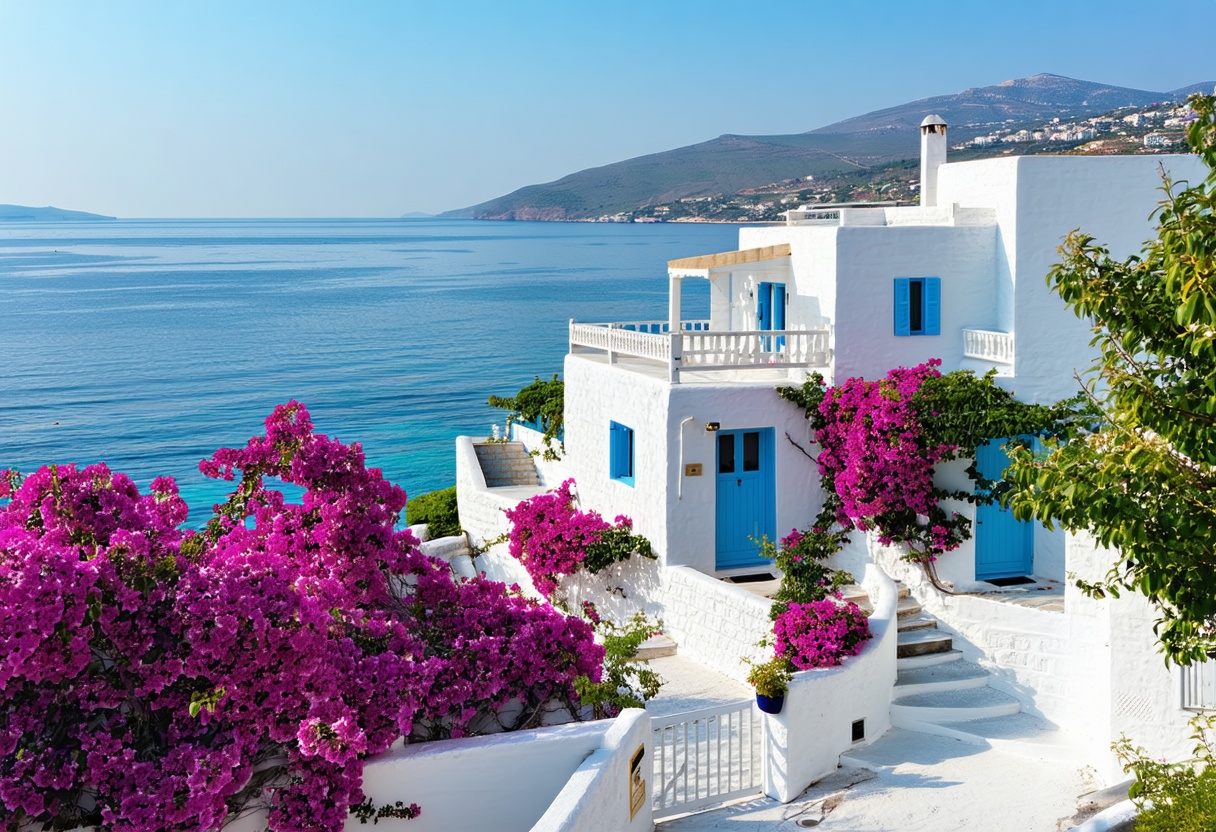 Bodrum yarımadasında beyaz badanalı villalar ve Ege manzarası